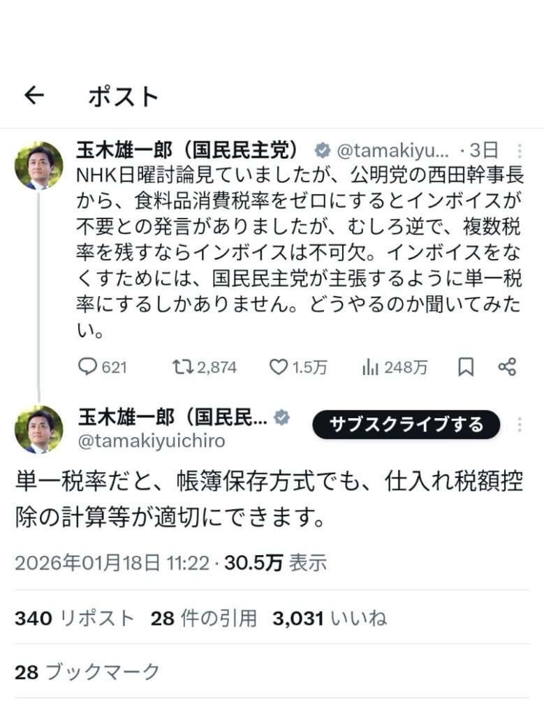 玉木雄一郎って食料品減税の話で仕入税額控除の話するあたり有能だよな