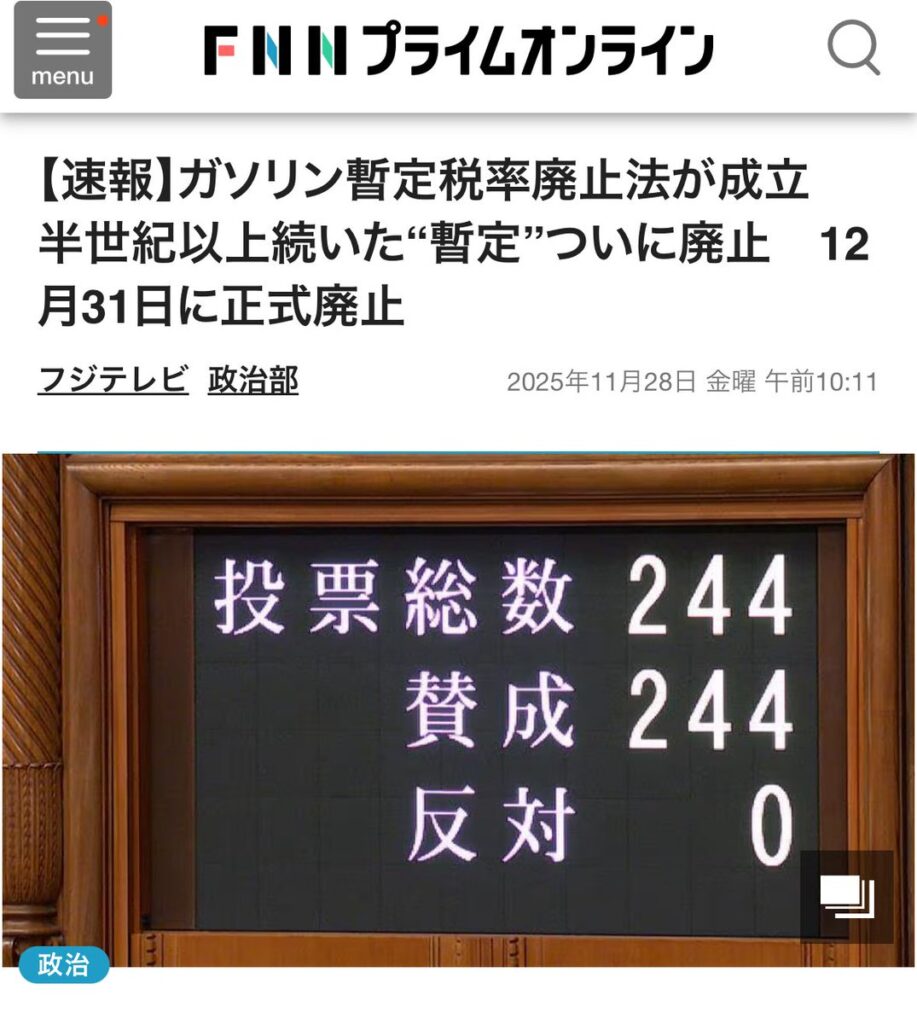 ガソリン暫定税率廃止法が成立　半世紀以上続いた“暫定”ついに廃止　12月31日に正式廃止