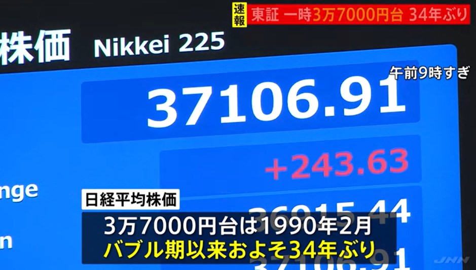 【速報】日経平均3万7000円突破　2日連続バブル後最高値更新　米株価連日更新と日銀内田副総裁発言で