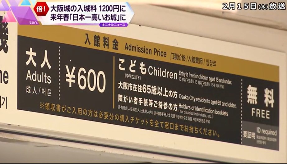 “日本で一番高い城”に　大阪城の入場料が来年春から2倍の1200円に値上げ　市民は「恐ろしい」