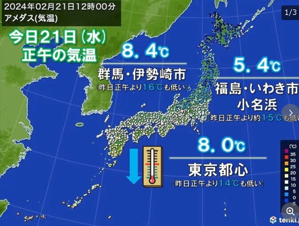 東京都心　正午の気温8℃　昨日より14℃も低い　関東などで気温が大幅に低下