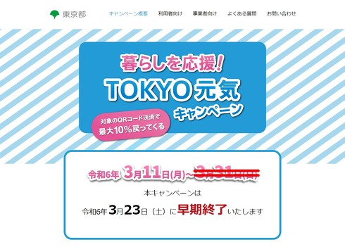 【お得急げ】東京都の「QRコード決済で最大10％還元」キャンペーン、23日【土曜日】で早期終了へ