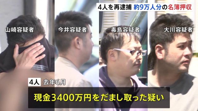 【警視庁】認知症の高齢女性にアパート購入させ3400万円詐取か 不動産会社で働く男4人を準詐欺容疑で再逮捕 関係先から高齢者約9万人分の名簿や詐欺マニュアル押収