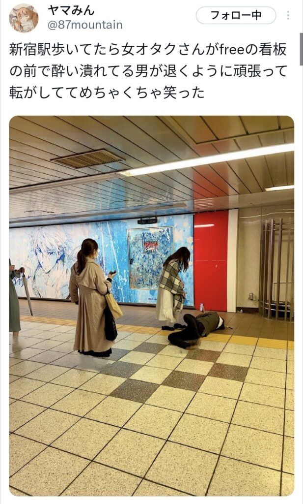 【画像】女オタクさんが新宿駅で酔い潰れてる男を転がした事件、ガチでやばすぎる…