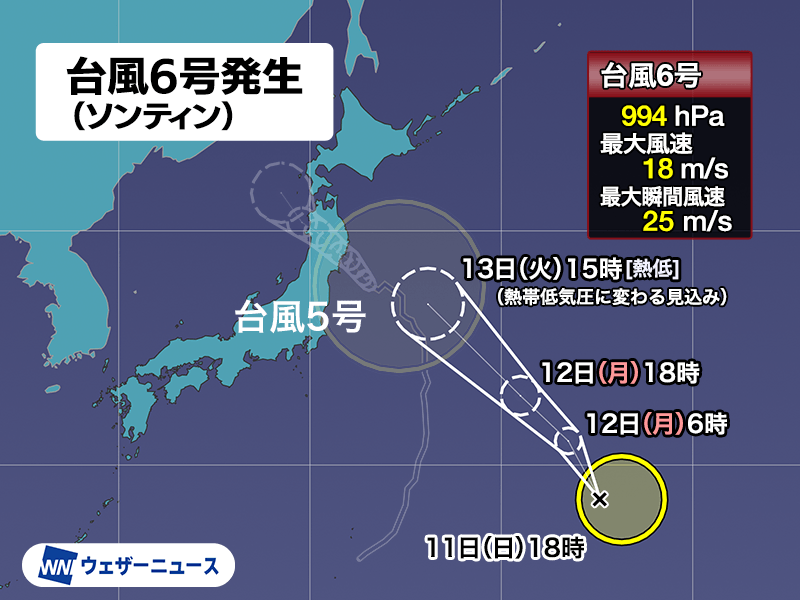 【気象】台風6号「ソンティン」発生…南鳥島近海