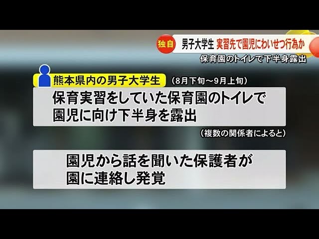 【熊本】男子大学生が実習先で園児にわいせつな行為した疑い