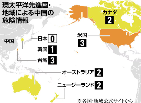 中国の危険情報レベルゼロ、環太平洋先進国で日本のみ　米はレベル3「拘束の危険が存在」