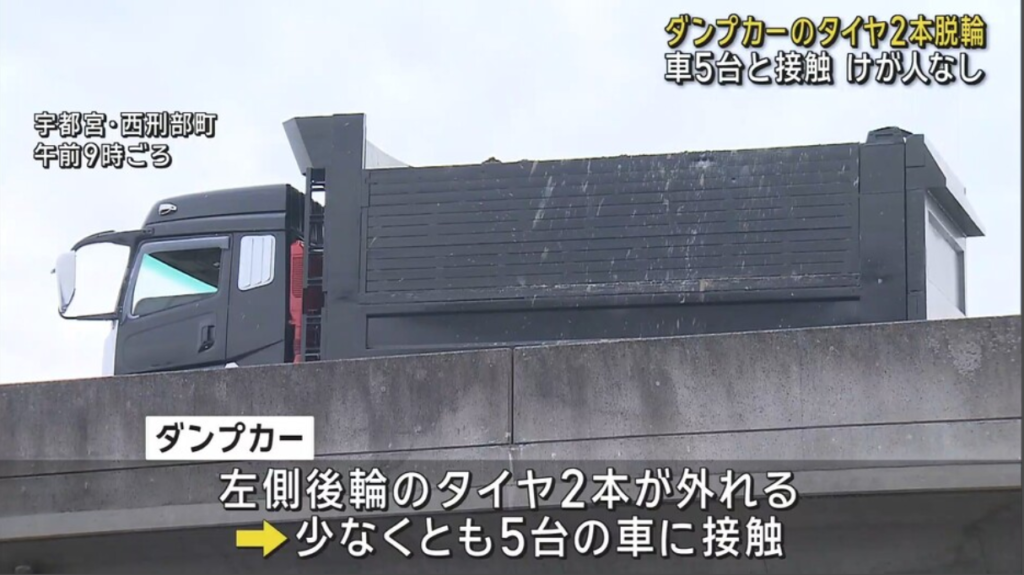 走行中のダンプカー タイヤ2本脱輪、車5台と接触 けが人なし