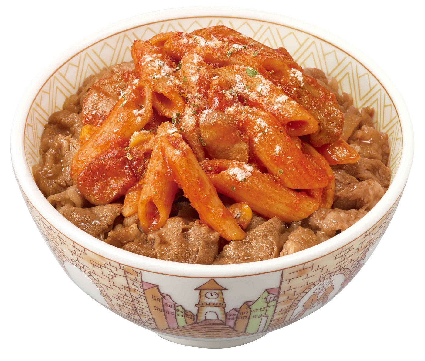 すき家に新メニュー「ナポリタン牛丼」登場、ペンネを使ったナポリタンをトッピング、「チーズナポリタン牛丼」なども同時発売
