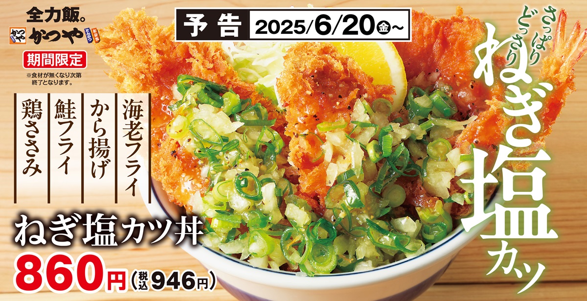 かつや、鶏ささみ・鮭・海老・唐揚げの「ねぎ塩カツ丼」860円(税込946円)を発売　ねぎ塩レモンでさっぱり　画像あり