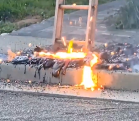 露助ﾋﾞﾘﾋﾞﾘ動画　送電線にうっかりハシゴをかけてアスファルトを融かしてしまう