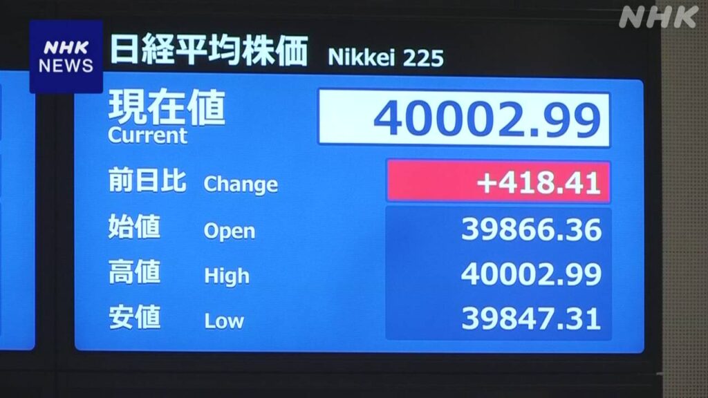 日経平均株価 一時4万円台を回復 取り引き時間中として5か月ぶり