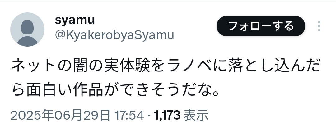 syamuさん41歳「ネットの闇の実体験をラノベに落とし込んだら面白い作品ができそうだな。」