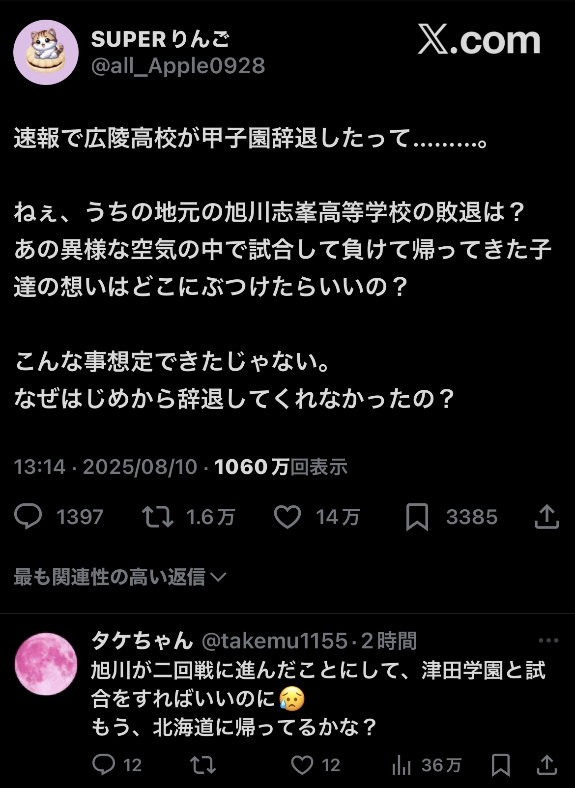 【悲報】旭川市民「広陵が甲子園辞退した？じゃあ旭川志峯高校の負けはどうなるの？」