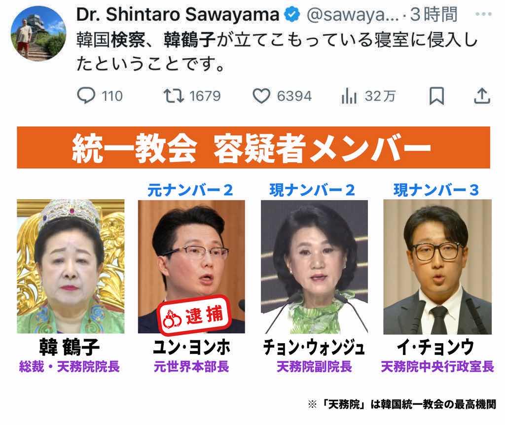 韓国検察　韓鶴子が立てこもっている寝室に突入　統一教会オワコン😢