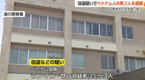 【富山】空き家に侵入　現金など総額５２万円相当盗む　ベトナム人の男ら３人逮捕　黒部市