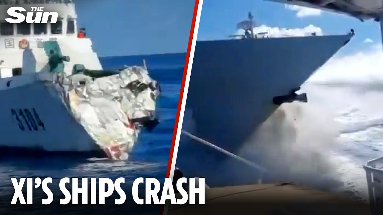 【自業自得で赤っ恥】中国海警の船が中国軍駆逐艦「桂林」と衝突。艦首に大穴！
