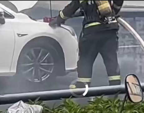 【中国のどっかのブランドのEVが突然、ド派手に炎上】どこからともなく現れた支那人が、 車のエンブレムを剥がす