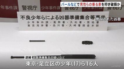 少年グループ16人が凶器準備集合の疑いなどで逮捕 乗車中に突然全員で襲撃…バールなどで車を叩き破損