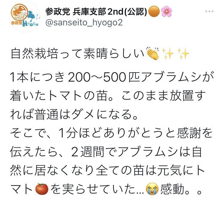 参政党「トマトの苗に毎日1分ありがとうと伝えると虫が逃げていく｡自然栽培って素晴らしい👏」