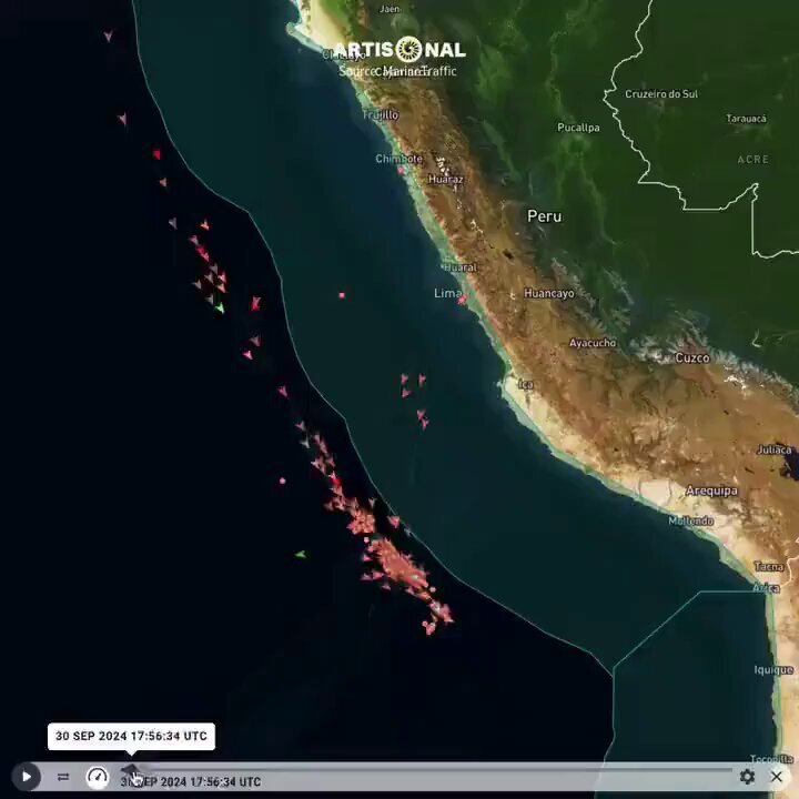 ペルー沿岸部で違法なイカ漁をする中国漁船