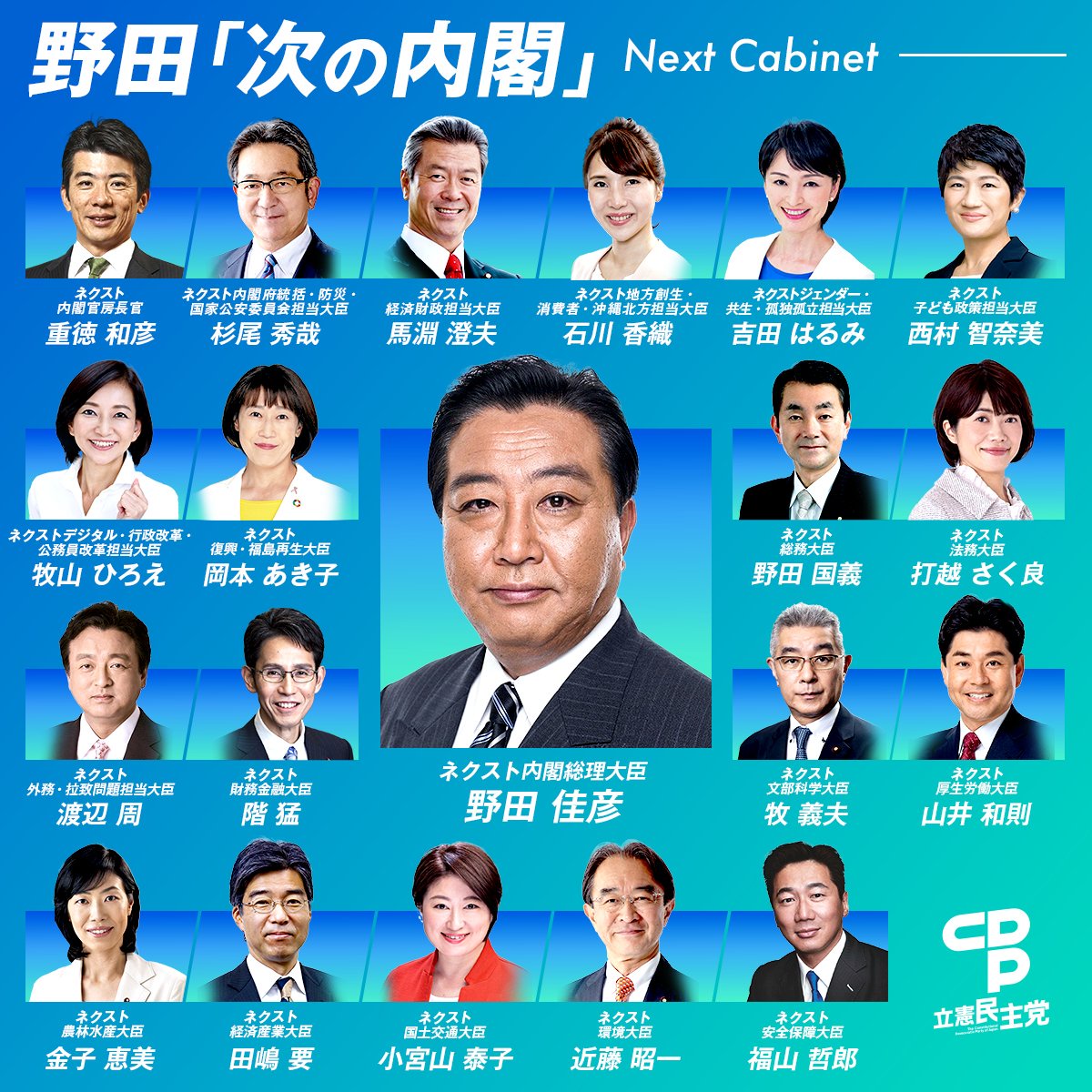 野田「立憲民主党による次の内閣」メンバ一覧がこちら