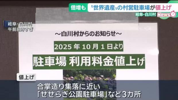 【世界遺産】岐阜・白川村、村営駐車場の料金を大幅値上げ 大型車は3000円→1万円に