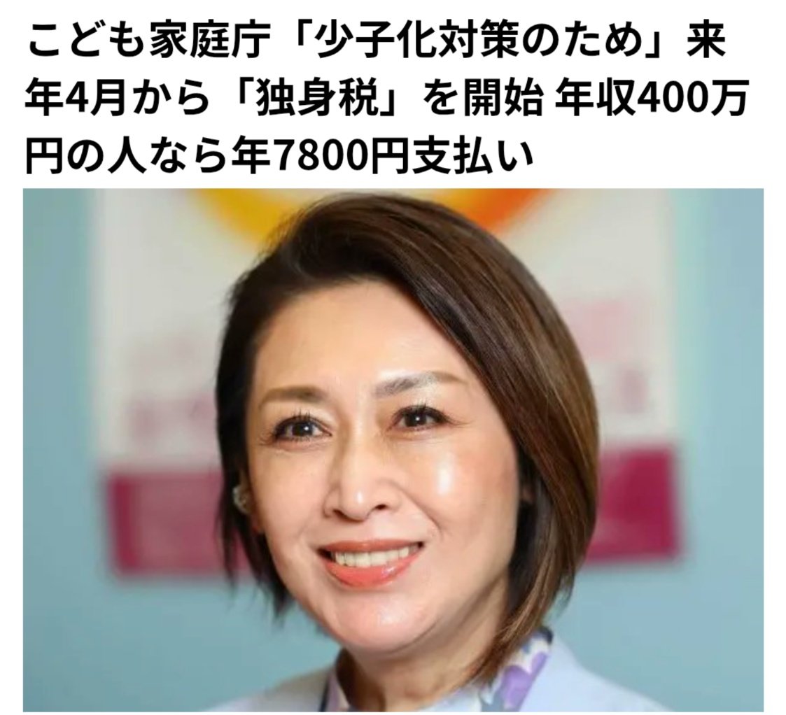 【悲報】こども家庭庁が来年から導入した独身税、年収400万だと年間7800円とのこと