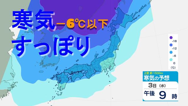 【12月3日から「寒波襲来」】寒気の予想；3日間で真冬へ 上空約1500mの気温が-6℃以下になると平地でも雪が降る一つの目安