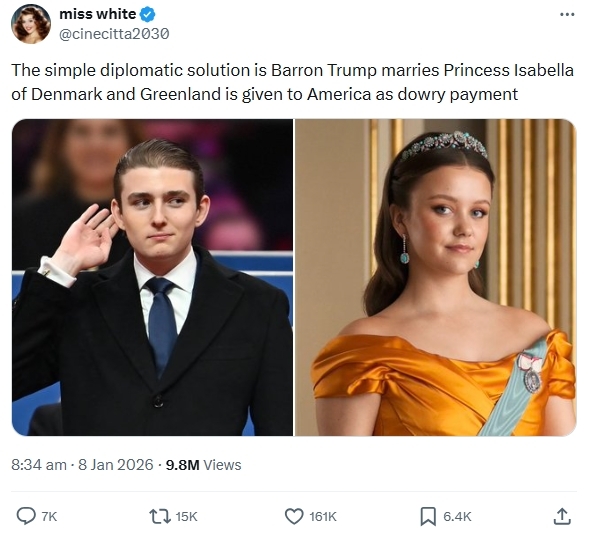 【中央日報】 グリーンランド問題の新たな突破口…「トランプ大統領の息子とデンマーク王女を結婚させよう」