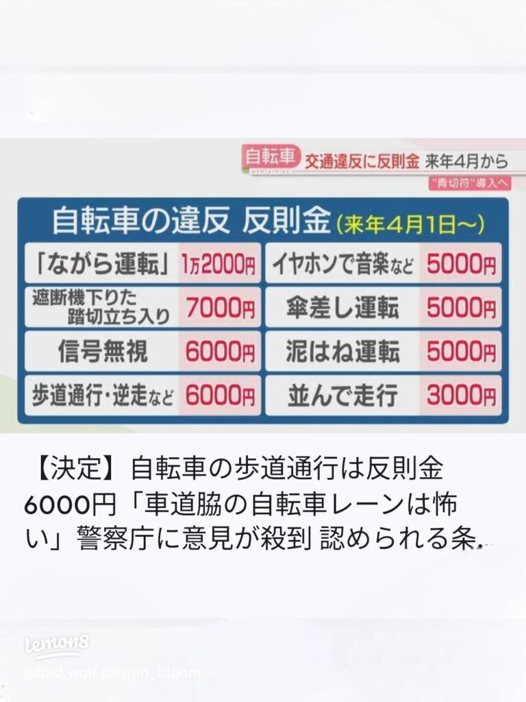 警察「もう我慢ならん！来年から歩道を自転車で走ったやつは罰金6000円だ」