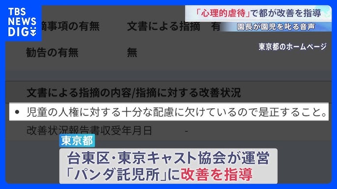 【東京】台東区の保育園「パンダ託児所」に「心理的虐待」で都が改善指導　男性園長が園児に「泣けば終わりじゃねえ」威圧的に何度も叱責