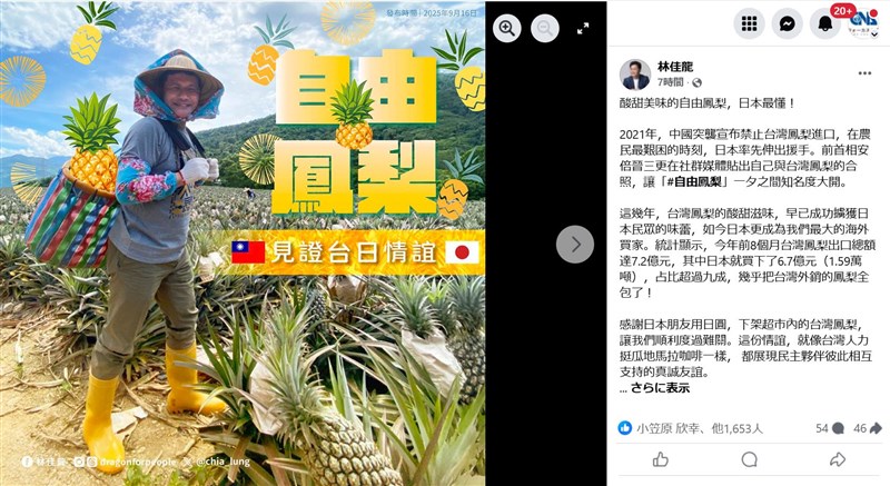 【台湾】 今年輸出の台湾産パイン、9割超が日本に 林外交部長が感謝