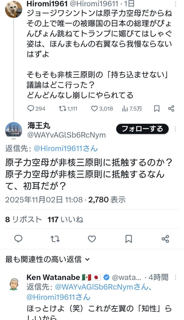 パさん「原子力空母の上ではしゃぐ総理は右翼なら我慢ならないはずよ非核三原則はどうした」