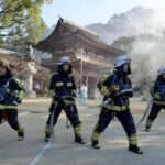 【福岡】太宰府天満宮で消防演習、ダム貯水率が低下しているので放水せずに隊形を確認…巫女らは水消火器で訓練