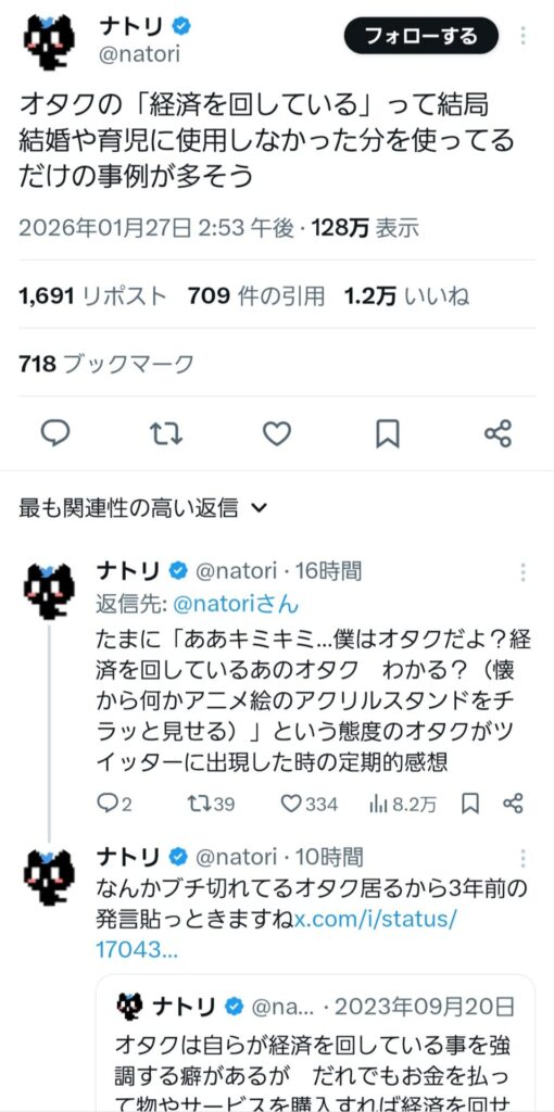 X民「オタクの経済を回している、結婚や育児に使用しなかった分を使ってるだけ」←大炎上