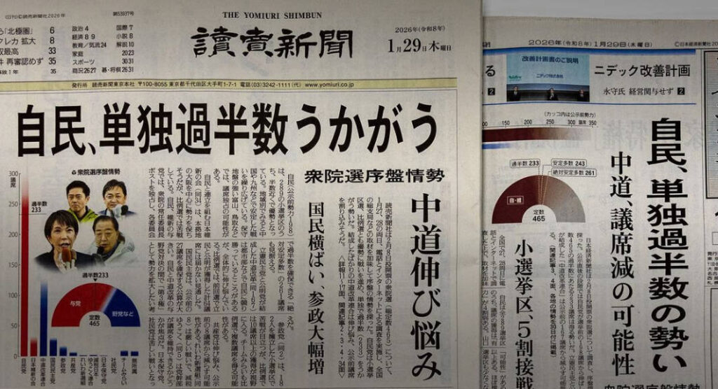 自民、単独過半数も―読売・日経が報じる : 衆院選序盤情勢