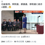 石破氏「総裁選は小泉候補か林候補に投票をお願いします」　→高市早苗氏が勝利　→石破氏4連敗