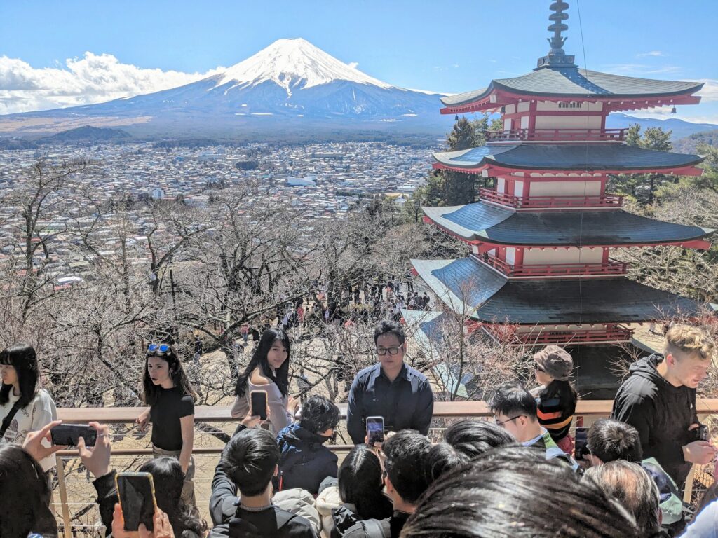 富士山+五重塔の映えスポット、桜まつり中止　観光公害「もう限界」