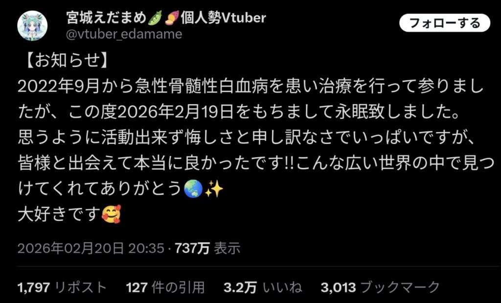 【画像】人気Vtuber、急性骨髄性白血病で逝く…
