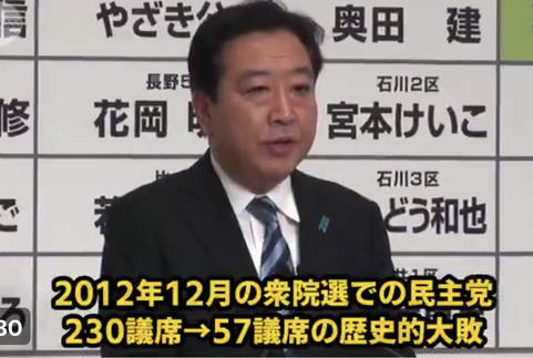 2012年衆院選、民主党230議席→57議席の歴史的大敗。代表 野田佳彦氏、幹事長代行 安住淳氏