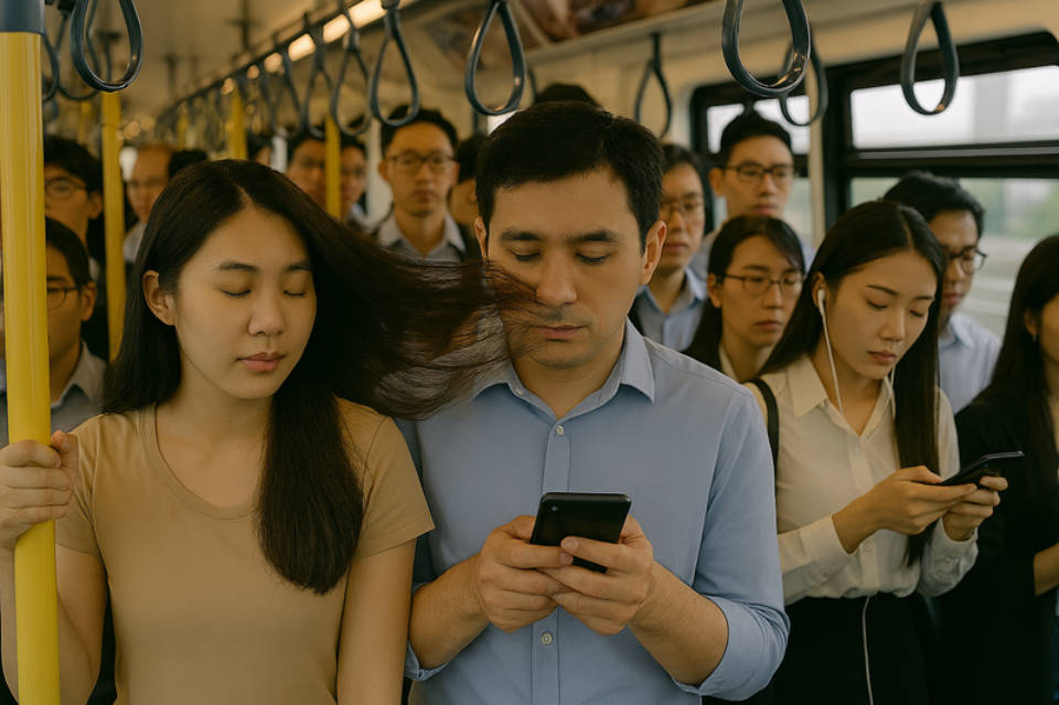 混雑時の車内で髪を振らないで