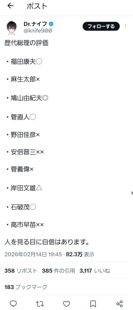 Dr.ナイフさん、歴代総理を評価　鳩山◎菅直人◯野田×安倍××菅義偉×岸田△石破◯高市××