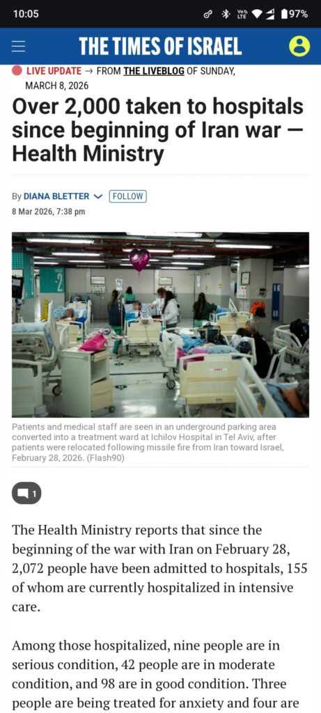 イスラエル保健省、イラン開戦以降に2,072人が病院へ搬送、155人がICUで治療中、ネタニヤフ？？