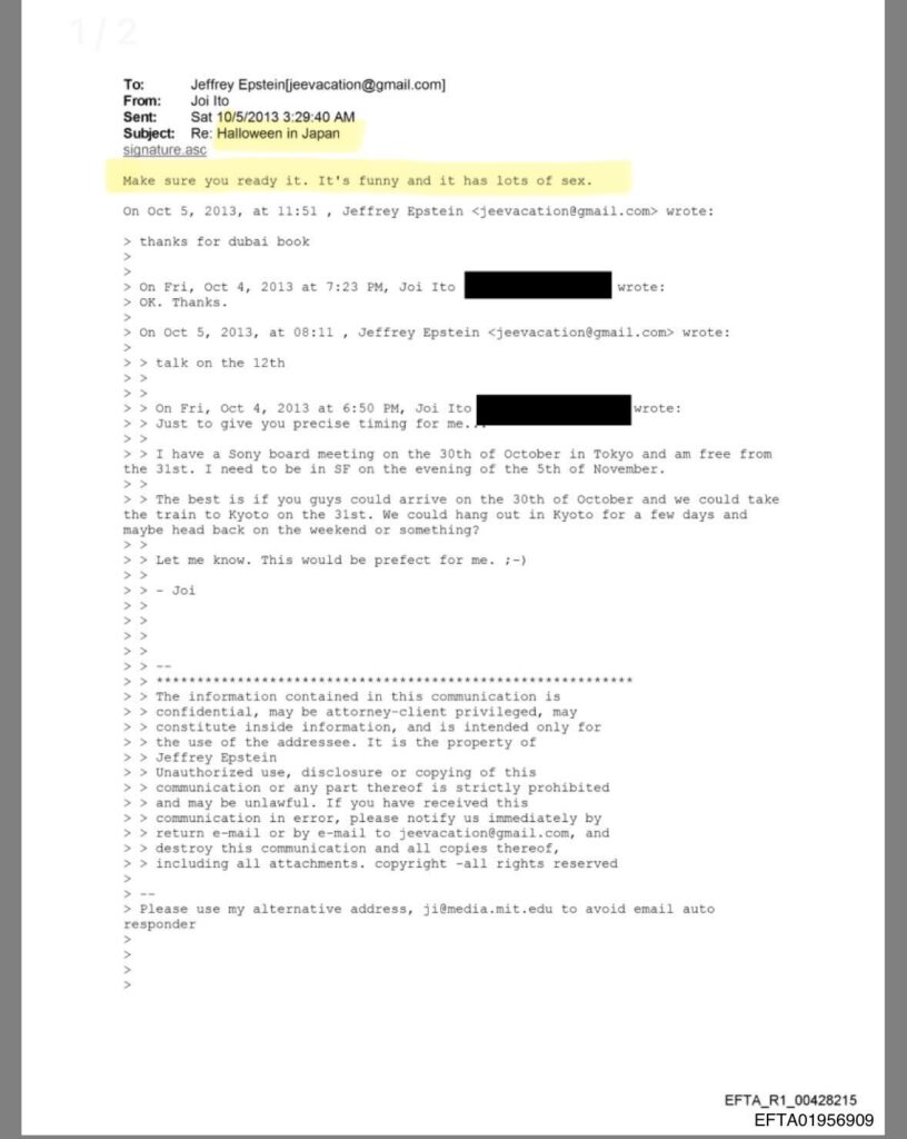 エプスタイン文書、伊藤穣一「Make sure you ready it. It's funny and It has lots of s〇〇.」