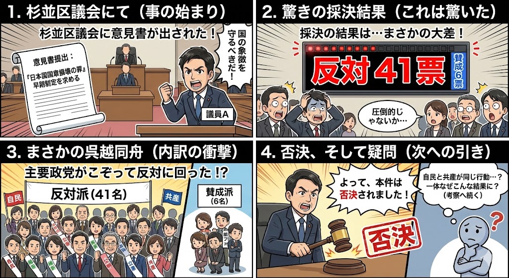 【杉並区議会】｢日本国国章損壊の罪｣の早期制定を求める意見書に賛成したのは47名中たったの6名、反対多数(41名)で否決［R7/12/19］