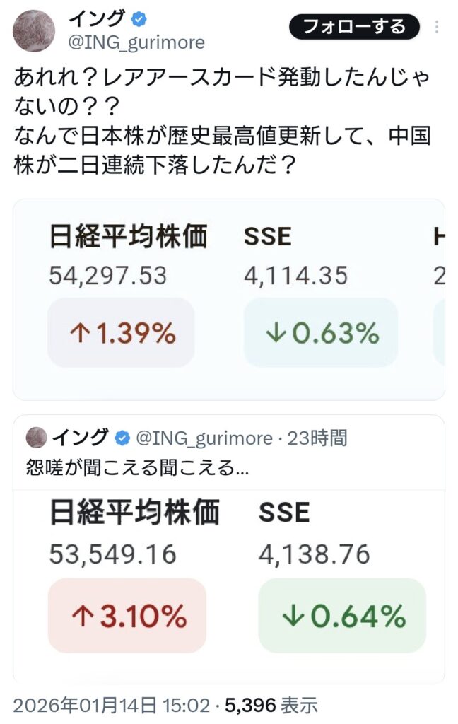 レアアースカード発動したのに日本株が歴史最高値更新して、中国株が二日連続下落