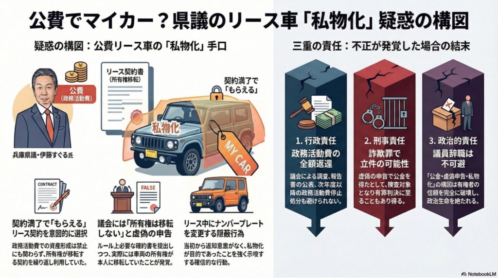 反斎藤派伊藤すぐる県議、政務費でリース車を横領か、ナンバーも変更し偽装工作