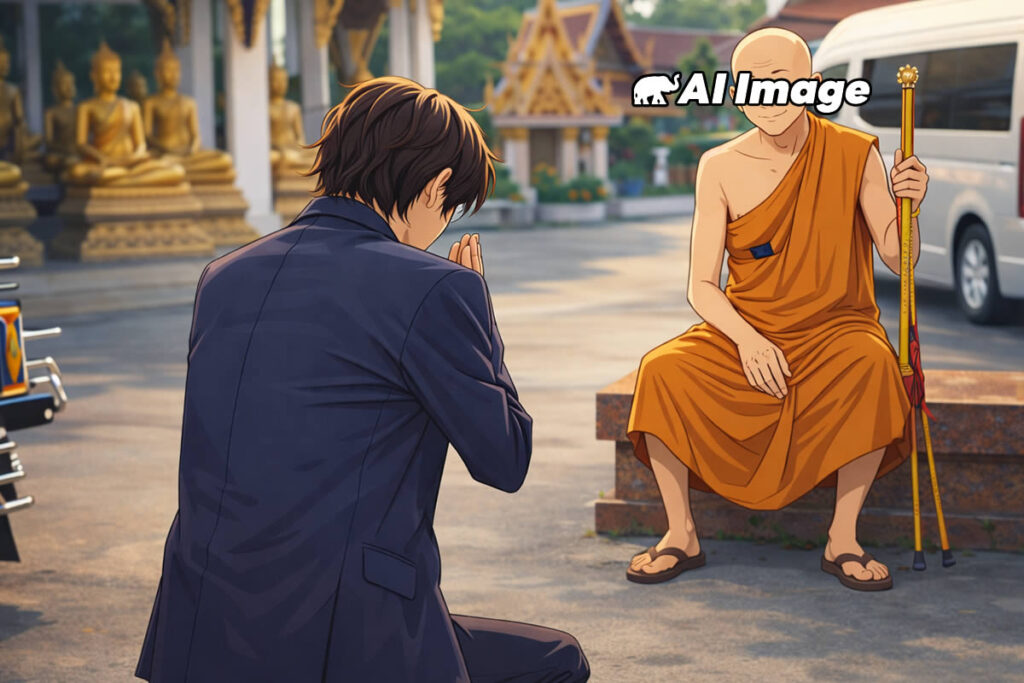 寺院で泣き崩れる日本人男性、過去の窃盗事件で警察が事情確認～タイ東北ウドンタニ