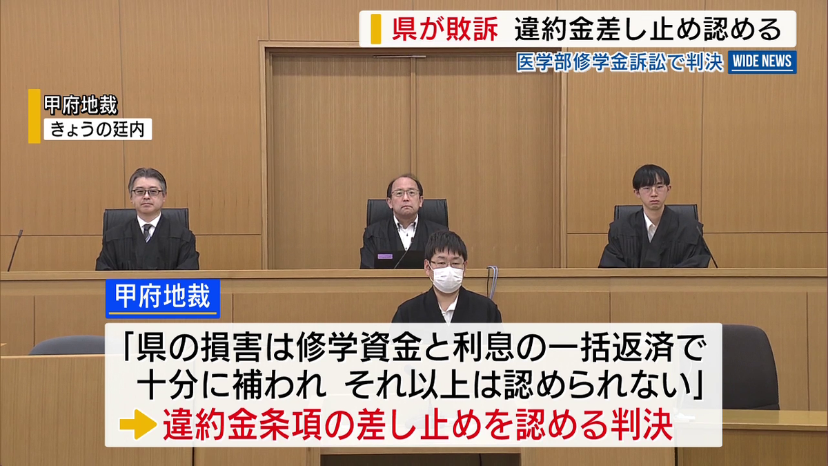 【山梨】「高額な違約金は違法で無効」 医学部修学金訴訟 山梨県が敗訴 違約金の差し止め認める判決 甲府地裁